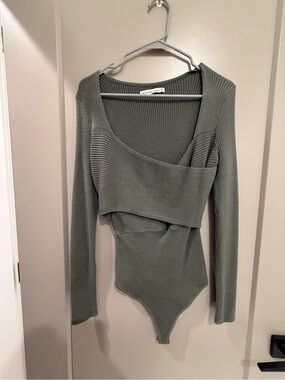 Abercrombie & Fitch Olive Green Ribbed Asymmetric Long Sleeve Bodysuit
